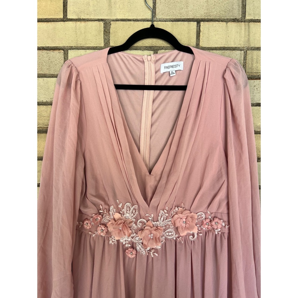 FAERIESTY Pink Lantern Sleeve Floral Chiffon Gown Maxi Dress Formal XL Large - Picture 6 of 11